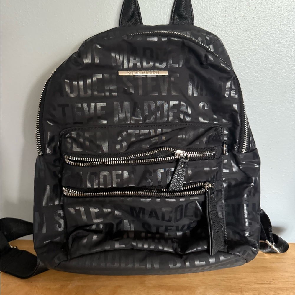 Steve Madden Black and Silver Logo Backpack